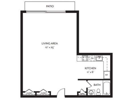 Floor plan for studio, 1 bath, 518 sqft
